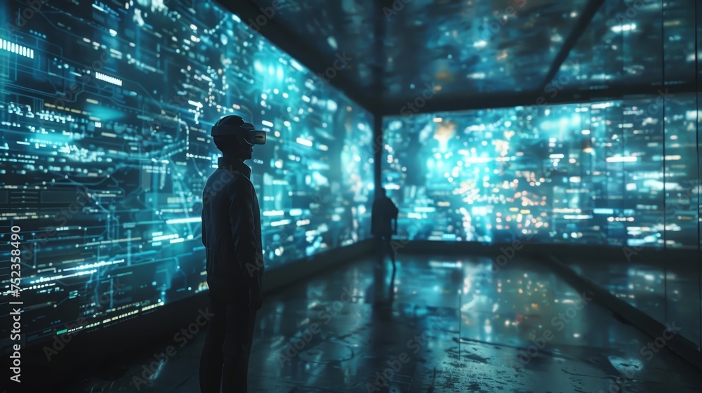 Poster a figure stands immersed in a virtual reality experience, facing a vast digital wall filled with glo