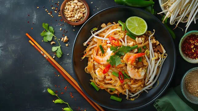 Vibrant Thai Cuisine with Noodles and Shrimp, To showcase the unique and exotic flavors of Thai cuisine, highlighting the freshness and aroma of the