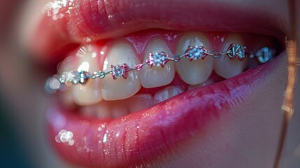 Close up shot on a beautiful mouth with orthodontic braces - obrazy, fototapety, plakaty