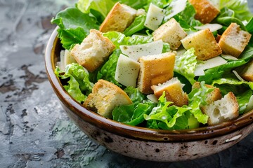 Caesar Salad in a Bowl A Modern Take on a Classic Dish, To provide a high-quality, visually appealing image of a Caesar salad that can be used in - obrazy, fototapety, plakaty