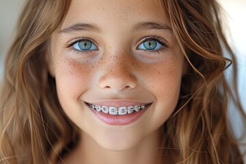 smiling little girl with orthodontic braces - 752358672