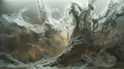 This artwork features mesmerizing patterns created by swirling smoke in shades of white and grey, set against an earth-toned backdrop, evoking a sense of mystery and fluid motion.