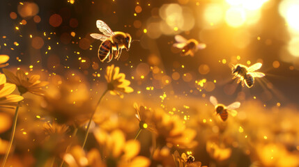 Bees swarming the flowers - obrazy, fototapety, plakaty