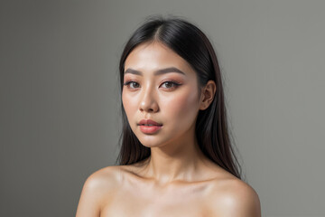 Portrait of a Young asian Woman With Natural Makeup Against a gray Background - 752359010