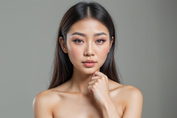 Portrait of a Young asian Woman With Natural Makeup Against a blue Background - 752359014