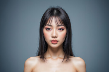Portrait of a Young asian Woman With Natural Makeup Against a blue Background - 752359016