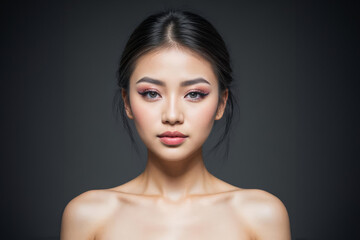 Portrait of a Young asian Woman With Natural Makeup Against a gray Background - 752359017