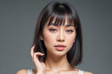 Portrait of a Young asian Woman With Natural Makeup Against a gray Background - 752359018