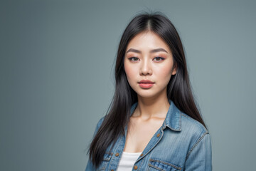 Portrait of a Young asian Woman With Natural Makeup Against a blue Background - 752359019