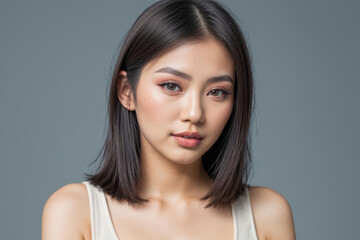 Portrait of a Young asian Woman With Natural Makeup Against a blue Background - 752359028