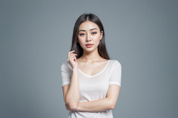 Portrait of a Young asian Woman With Natural Makeup Against a blue Background - 752359031