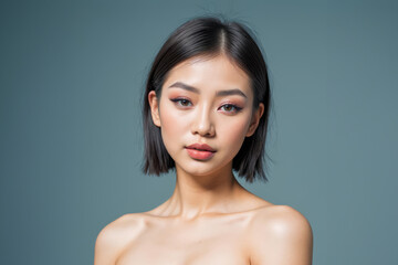 Portrait of a Young asian Woman With Natural Makeup Against a blue Background - 752359033