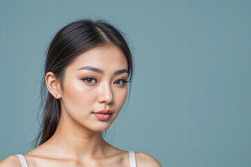 Portrait of a Young asian Woman With Natural Makeup Against a blue Background - 752359035