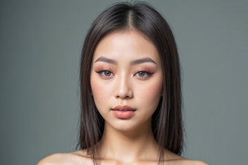 Portrait of a Young asian Woman With Natural Makeup Against a gray Background - 752359041
