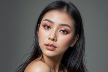 Portrait of a Young asian Woman With Natural Makeup Against a gray Background