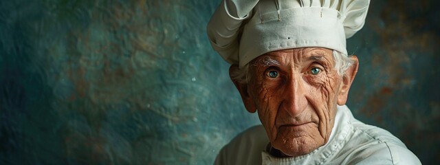 An old chef in a white uniform with a serious face and a textured wall - obrazy, fototapety, plakaty
