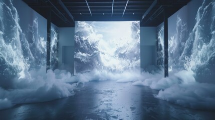 An immersive experience room with wall-to-wall dynamic cloud projections creating a dramatic and surreal atmosphere.