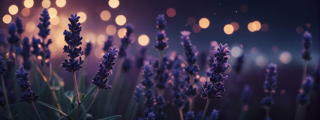 Dreamy lavender bokeh adorning a defocused midnight purple background - an enchanting banner. - obrazy, fototapety, plakaty