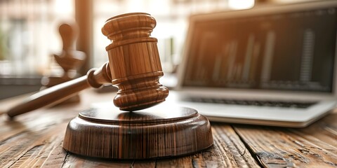 Legal authority represented by gavel and laptop symbolizing cyber security decisions. Concept Cybersecurity, Legal Authority, Gavel, Laptop, Decision Making - obrazy, fototapety, plakaty
