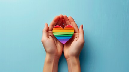 Hands hold heart in the colors of a rainbow. LGBT concept, Pride month. Top view, light blue background