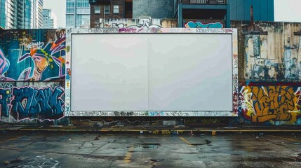An expansive empty billboard awaits advertisement amidst a vividly painted graffiti backdrop in an urban landscape with reflections on wet ground.