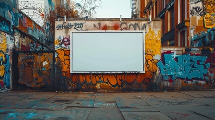 An empty billboard stands out as a blank canvas surrounded by the colorful chaos of street graffiti on urban walls, showcasing a contrast of order and creativity.