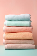 stock photo,Neat stack of folded pastel-colored towels. spring laundry, simple, feminine palette сreated with Generative Ai