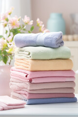 Fototapeta na wymiar stock photo,Neat stack of folded pastel-colored towels. spring laundry, simple, feminine palette сreated with Generative Ai
