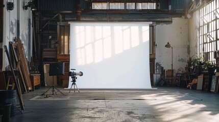 A spacious industrial loft studio featuring a large blank projection screen, with sunlight casting shadows across the floor, creating an atmosphere for creativity and display.