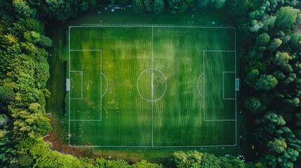 Bird's-eye view of a vibrant green soccer field with clear line markings, nestled amongst a dense surrounding of rich forest trees.