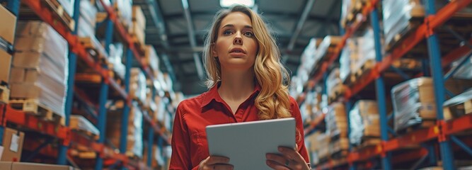 Using a digital tablet as part of an intelligent warehouse management system, a supervisor or female employee checks the stock inventory. - obrazy, fototapety, plakaty