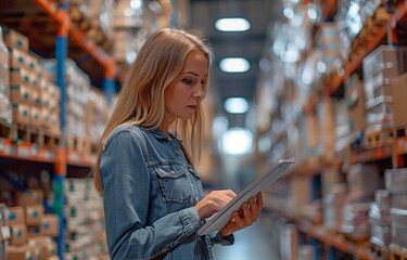 Using a digital tablet as part of an intelligent warehouse management system, a supervisor or female employee checks the stock inventory.