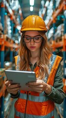 Using a digital tablet as part of an intelligent warehouse management system, a supervisor or female employee checks the stock inventory.