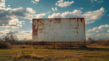 A desolate and rusty old billboard stands against a dramatic sky with fluffy clouds, conveying a sense of abandonment.