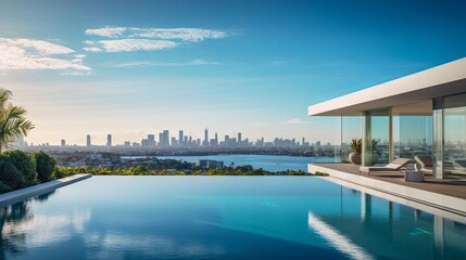Fototapeta premium Stunning Miami Skyline View: Modern Villa with Private Rooftop Infinity Pool, Florida | Canon RF 50mm f/1.2L USM