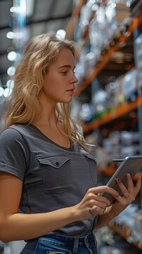 Using a digital tablet as part of an intelligent warehouse management system, a supervisor or female employee checks the stock inventory.