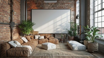 A cozy loft living room designed with a comfortable lounge area, a blank projector screen, and lush indoor plants against a brick wall.