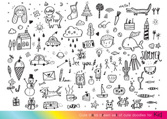 Collection of hand drawn cute doodles,Doodle children drawing,Sketch set of drawings in child style,Funny Doodle Hand Drawn,Page for coloring, cute animal