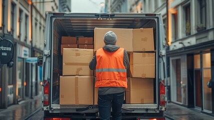 In a logistics retail warehouse, a worker loads cardboard boxes into a delivery van. online acquisitions