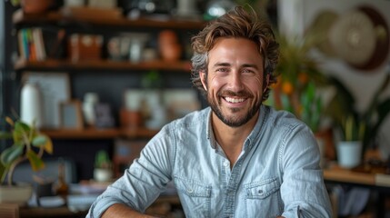 Smiling man in a casual denim shirt - obrazy, fototapety, plakaty