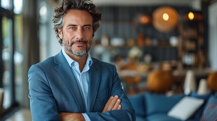 photography of smiling confident handsome middle aged business man, successful company corporate leader, wearing blue suit, standing in modern office with arms crossed looking at camera