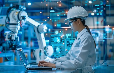 A laptop carrying an engineer A programmable logic controller controls a massive fully automated machine.