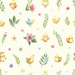Watercolor Seamless pattern with cute roosters, chickens and leaves on white background.