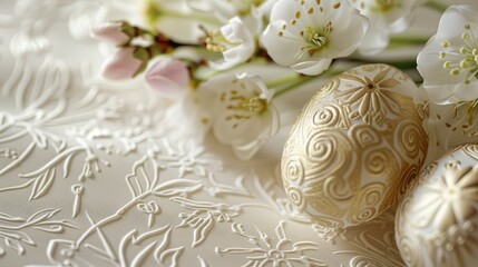 Golden Embossed Easter Egg with White Spring Flowers
