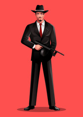 Vector illustration of of a man holding machine gun, gangster, mobster, mafia character