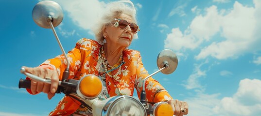 An elderly woman in vibrant clothing rides a scooter, displaying confidence and zest for life