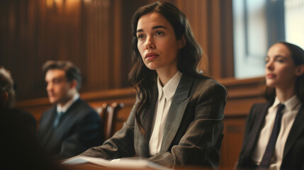 A female lawyer delivering argument in a courtroom - obrazy, fototapety, plakaty