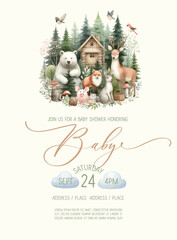 Plakaty  Cute baby shower watercolor invitation card with wild animals in forest.