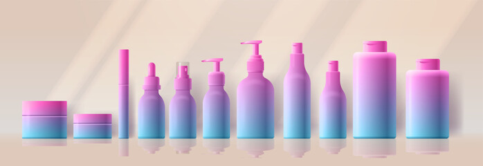 Realistic cosmetics colorful gradient design bottle set. Vector packaging mockup illustration