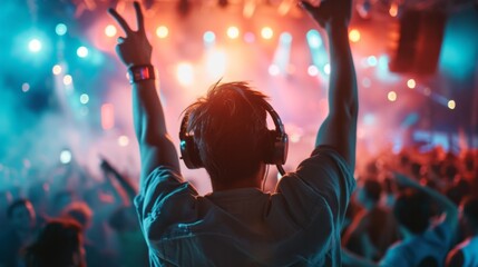 Closeup of the back of an DJ man in neon lights with his hands raised up greets dancing and relaxing people in a nightclub - obrazy, fototapety, plakaty